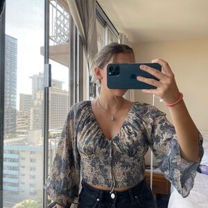 Floral Smocked Blouse - Blue and Cream